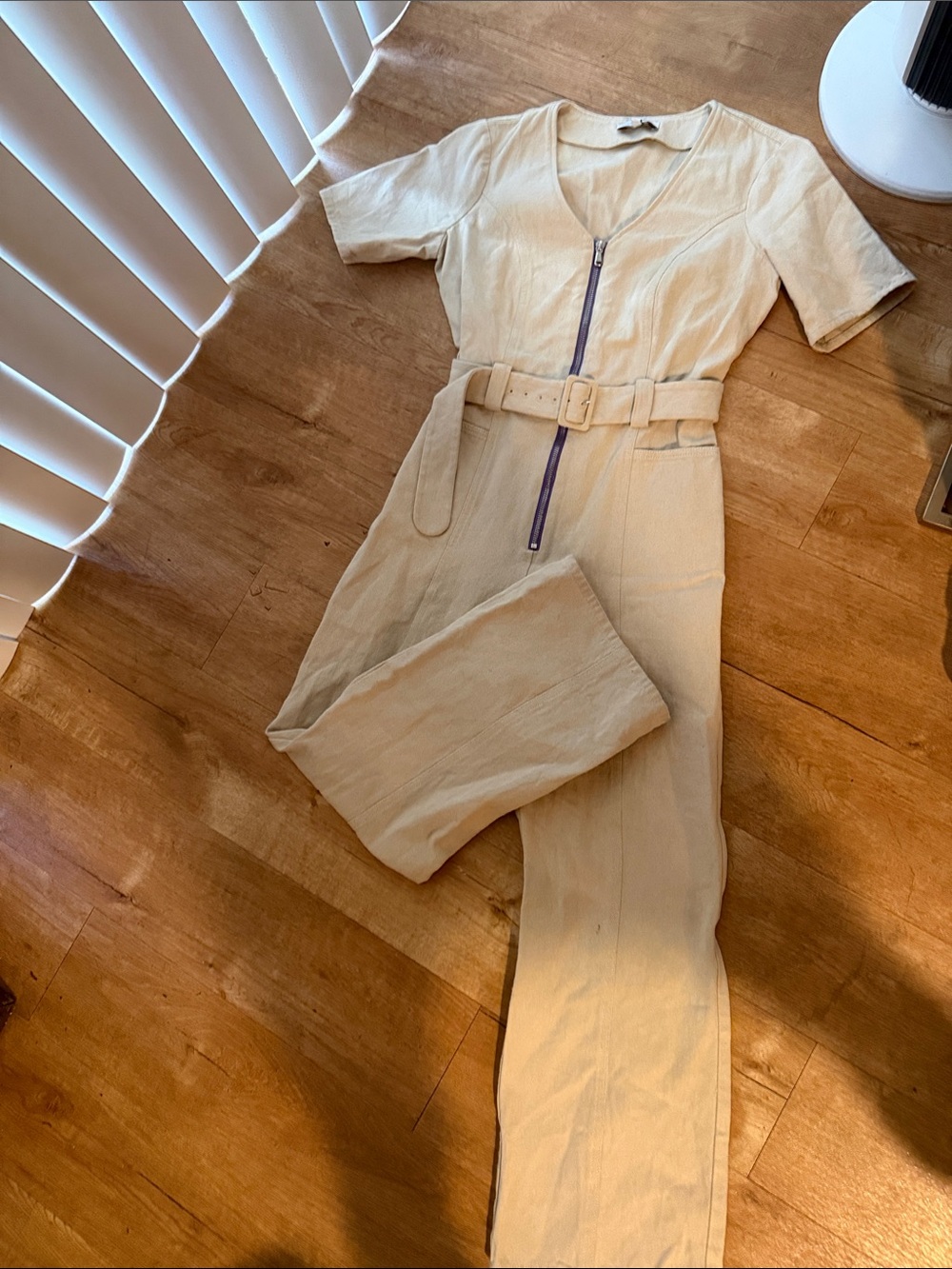 & Other Stories Cream Short-Sleeve Belted Jumpsuit with Front Zip